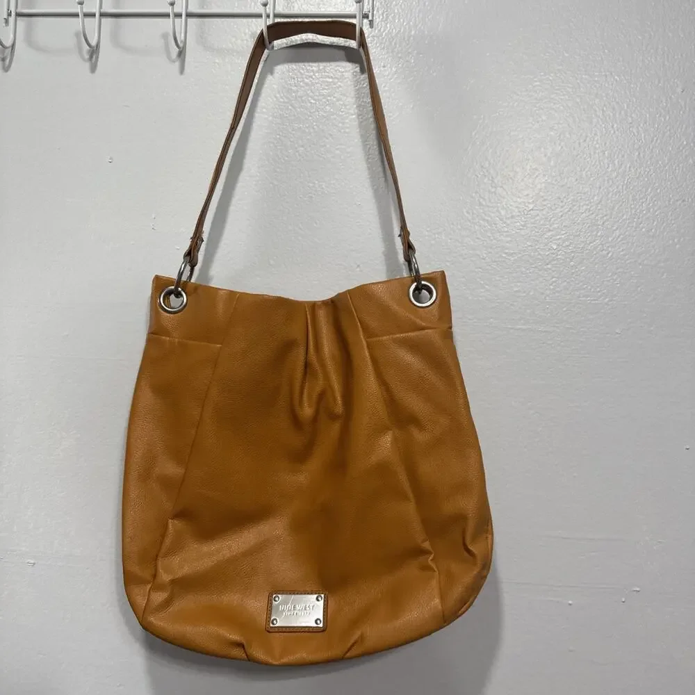 Nine West Large Faux Pebbled Leather Satchel Shoulder Handbag Mustard Yellow